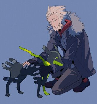 Rule 34 | 1boy, beard, black gloves, black jacket, black pants, black shoes, blue background, facial hair, fingerless gloves, fur-trimmed jacket, fur trim, gen 6 pokemon, gloves, grey eyes, grey hair, highres, jacket, legendary pokemon, long sleeves, lysandre (pokemon), male focus, nintendo, on one knee, one eye closed, pants, petting, pokemon, pokemon (creature), pokemon legends: z-a, ra (labz0507), shoes, simple background, zygarde, zygarde (10)