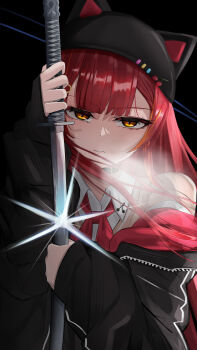 1girl absurdres hair_ornament hanatsuki_kia hat highres holding holding_weapon jacket katana knife long_hair looking_at_viewer nekota_tsuna red_hair red_ribbon ribbon solo sword virtual_youtuber vspo! weapon yellow_eyes