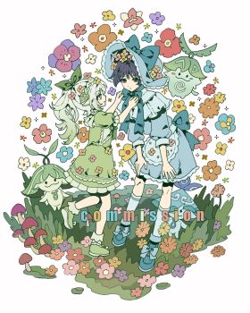 1boy 1girl absurdres alternate_costume apron aranara_(genshin_impact) ararycan_(genshin_impact) bent_over black_hair blue_dress blue_hat blue_shoes blue_sleeves blue_trim blunt_ends bonnet bow braid capelet character_request closed_mouth commentary commission cross-shaped_pupils crossdressing crossdressing_(mtf) crown_braid diorama dress fingernails flower footwear_bow formal_clothes frilled_capelet frills genshin_impact grass green_bow green_dress green_eyes green_hair green_shoes green_sleeves hair_bow hair_flower hair_ornament hat hat_bow hat_flower height_difference highres kneehighs large_bow leaf leaf_hair_ornament liuyun_(liuyun73492) long_hair looking_at_another medium_dress multicolored_hair mushroom nahida_(genshin_impact) open_hands pointy_ears puffy_sleeves puritan_collar purple_eyes scaramouche_(genshin_impact) shoes short_sleeves side_ponytail sidelocks smile socks streaked_hair symbol-shaped_pupils three-quarter_sleeves variant_set waist_apron wanderer_(genshin_impact) white_apron white_background white_capelet white_hair white_socks wispy_bangs