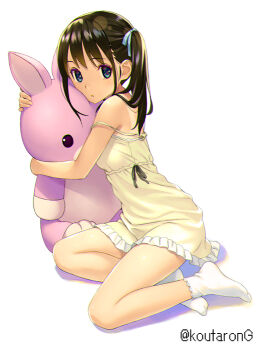 1girl bare_arms bare_shoulders black_hair blue_eyes breasts commentary_request dress frilled_dress frills full_body koutaro long_hair looking_at_viewer no_shoes hugging_object original parted_lips shadow side_ponytail sitting small_breasts socks solo strap_slip stuffed_animal stuffed_rabbit stuffed_toy thighs twitter_username white_background white_socks yellow_dress yokozuwari