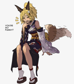 1girl afterimage animal_ears black_kimono black_shoes black_trim commentary covering_own_mouth detached_sleeves english_commentary english_text flower fox_ears fox_girl fox_tail hair_flower hair_ornament hand_over_own_mouth heel_up high_ponytail highres japanese_clothes kimono laughing long_sleeves looking_at_viewer loose_hair_strand medium_hair nimllv notice_lines obi obijime pattern_request pink_nails ponytail sandals sash shoes simple_background sitting sleeves_past_wrists socks solo swept_bangs tail tail_wagging two-tone_kimono white_background white_kimono white_socks wide_sleeves wizardry yellow_sash yellow_trim yuzunamiki