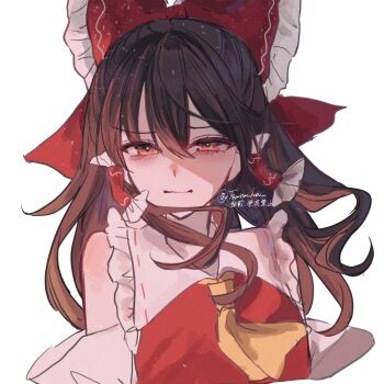 1girl annin_cha ascot bow brown_hair closed_mouth commentary_request detached_sleeves frilled_bow frilled_hair_tubes frills hair_bow hair_tubes hakurei_reimu hashtag-only_commentary highres long_hair looking_at_viewer orange_eyes red_bow simple_background solo touhou twitter_username white_background yellow_ascot