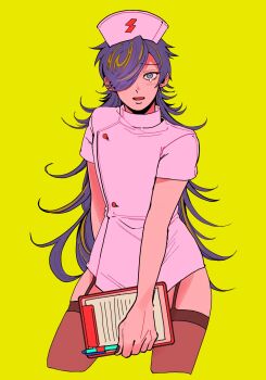 Rule 34 | 1boy, :o, aimono jyushi, arm behind back, bishounen, black hair, black nails, blonde streaks, blue eyes, blush, clipboard, contrapposto, covering privates, cropped legs, crossdressing, crossdressing (mtf), crying, crying with eyes open, dress, dripping eye, gachimask, garter straps, hair over one eye, hat, high collar, highres, holding, holding clipboard, holding pen, hypnosis mic, legs apart, long hair, looking at viewer, male focus, multicolored hair, nervous, nose blush, nurse cap, open mouth, pantyhose, pen, piercing hole, pink dress, pink hat, raised inner eyebrows, runes, short dress, short sleeves, simple background, solo, streaked hair, tears, very long hair, wide-eyed, yellow background