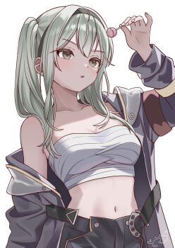 1girl arm_up armband belt black_belt black_hairband black_jacket black_pants blush breasts brown_eyes candy chest_sarashi collarbone cowboy_shot eyelashes food hair_between_eyes hair_over_shoulder hairband heaven_burns_red highres holding holding_candy holding_food holding_lollipop jacket jacket_partially_removed kanikure12 kurosawa_maki large_breasts lollipop long_hair long_sleeves looking_at_object midriff navel open_clothes open_jacket open_mouth pants red_armband sarashi simple_background single_bare_shoulder solo straight_hair twintails v-shaped_eyebrows white_background