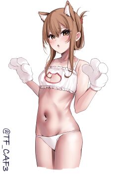 1girl absurdres animal_ear_fluff animal_ears animal_hands blush bra breast_cutout breasts brown_eyes brown_hair cat_cutout cat_ears cat_lingerie clothing_cutout collarbone commentary commentary_request cowboy_shot cropped_legs double-parted_bangs english_commentary folded_ponytail gloves hair_between_eyes highres inazuma_(kancolle) kantai_collection long_sidelocks looking_at_viewer medium_hair mixed-language_commentary navel one-hour_drawing_challenge open_mouth panties partial_commentary paw_gloves paw_pose sidelocks simple_background small_breasts solo standing stomach tf_cafe twitter_username underwear white_background white_bra white_panties