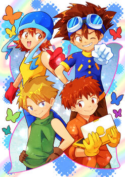 1girl 3boys absurdres blush bug butterfly child computer digimon digimon_adventure highres insect ishida_yamato izumi_koshiro laptop looking_at_viewer multiple_boys pixiv_user_(3472773) smile takenouchi_sora yagami_taichi