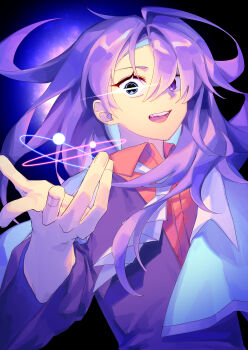 absurdres ascot atom black_background blue_capelet blue_eyes capelet clause_(len'en) coat collared_shirt commentary crazy crazy_smile fingernails floating_clothes floating_hair glowing glowing_eye hair_over_one_eye highres len'en long_hair open_mouth outstretched_hand pink_shirt purple_coat purple_hair re1re133 shirt sidelocks simple_background smile teeth upper_teeth_only white_ascot wide-eyed