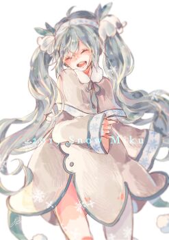 Rule 34 | 1girl, 2015, ^ ^, absurdres, blue hair, blue hairband, brown capelet, brown dress, buttons, capelet, character name, closed eyes, commentary, cowboy shot, dot nose, dress, eyelashes, flower, fur-trimmed capelet, fur trim, grey ribbon, hair between eyes, hair flower, hair ornament, hairband, happy, hatsune miku, highres, light blush, long hair, long sleeves, loose hair strand, neck ribbon, open mouth, print capelet, print hairband, print sleeves, ribbon, short dress, simple background, sleeve cuffs, sleeves past wrists, smile, snowflake print, snowflakes, snowing, solo, superchickentt, teeth, upper teeth only, very long hair, vocaloid, wavy hair, white background, white flower, winter clothes, yuki miku, yuki miku (2015)
