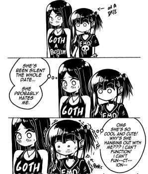 Rule 34 | 2girls, 3koma, bare shoulders, bracelet, choker, clothes writing, comic, commentary, corrupted twitter file, earrings, emo-girl (grs-), emo fashion, english commentary, english text, flustered, goth-girl (grs-), greyscale, grs-, highres, jewelry, long hair, medium hair, monochrome, multiple girls, necklace, no mouth, original, ponytail, print shirt, shirt, short ponytail, short sleeves, side ponytail, simple background, speech bubble, spiked bracelet, spikes, sweatdrop, t-shirt, trembling, white background, yuri