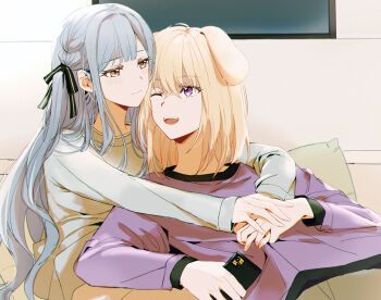 2girls animal_ears bang_dream! bang_dream!_it's_mygo!!!!! black_ribbon blonde_hair blue_hair blue_shirt commentary couple dog_ears dog_girl fang hair_ribbon hug kemonomimi_mode long_hair long_sleeves medium_hair misumi_uika multiple_girls one_eye_closed open_mouth purple_eyes purple_shirt rhapsode ribbon shirt sidelocks teeth togawa_sakiko upper_teeth_only yellow_eyes yuri