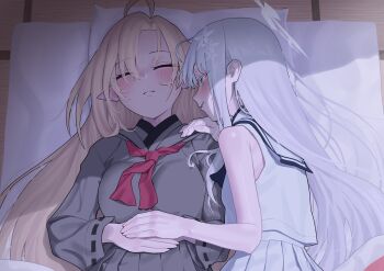 2girls ahoge ayame_(blue_archive) blonde_hair blue_archive blunt_ends blush commentary grey_serafuku hair_spread_out highres indoors korean_commentary long_hair looking_at_another looking_at_viewer lying multiple_girls nagusa_(blue_archive) okokorika on_back on_side pillow pleated_skirt pointy_ears profile school_uniform serafuku shirt skirt sleeping sleeveless sleeveless_shirt smile tatami upper_body very_long_hair white_hair white_serafuku yandere yuri