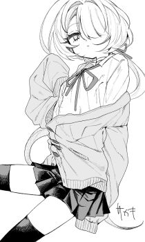 1girl breasts cardigan expressionless greyscale hair_over_one_eye highres long_hair looking_at_viewer low_ponytail monochrome neck_ribbon original pleated_skirt ponytail ribbon sakakitamo skirt sleeves_past_fingers sleeves_past_wrists small_breasts solo thighhighs