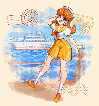 1girl absurdres blue_eyes brown_hair cruise_ship earrings flower_earrings hat highres jewelry long_hair lysum mario_(series) mario_kart mario_kart_tour nintendo ocean open_mouth orange_shoes orange_shorts princess_daisy princess_daisy_(sailor) sailor_hat shoes shorts smile socks white_socks