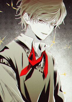 1boy absurdres brown_eyes brown_hair brown_sweater_vest chromatic_aberration collared_shirt commentary danganronpa_another danganronpa_another:_another_despair_academy film_grain halftone highres korean_commentary long_sleeves maeda_yuki male_focus nama_tlqkf necktie open_mouth red_necktie shirt short_hair solo sparkle sweater_vest undone_necktie upper_body utsuro_(danganronpa_another) white_shirt