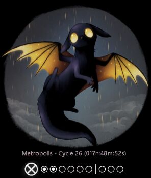 bat_wings black_skin colored_sclera colored_skin commentary creature creature_focus english_commentary flying full_body highres jejejunum no_humans rain_world sky slugcat solo spread_wings wings yellow_eyes yellow_sclera yellow_wings