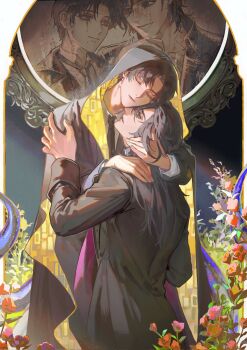 2boys aqua_eyes arch aubergrin black_cloak black_coat black_hair black_jacket black_necktie cloak closed_eyes coat collared_shirt commentary curtained_hair english_commentary flower hand_on_another's_shoulder head_hug highres hood hooded_cloak hug jacket klein_moretti leonard_mitchell long_hair long_sleeves looking_at_another lord_of_the_mysteries male_focus multiple_boys multiple_views necktie painting_(object) picture_frame shirt short_hair tentacles two-sided_cloak two-sided_fabric white_shirt yaoi