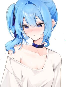 absurdres blue_choker blue_eyes blue_hair breasts choker commentary english_commentary haru_too_(harumaru_0) highres hololive hoshimachi_suisei medium_breasts shirt side_ponytail virtual_youtuber white_shirt yuzureei