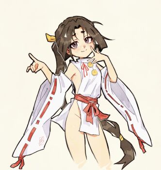 1boy absurdres artist_request black_hair blush bottomless closed_mouth highres houjou_tokiyuki_(nige_jouzu_no_wakagimi) japanese_clothes kimono long_hair looking_at_viewer male_focus nige_jouzu_no_wakagimi ponytail purple_eyes shota sideless_kimono solo trap very_long_hair