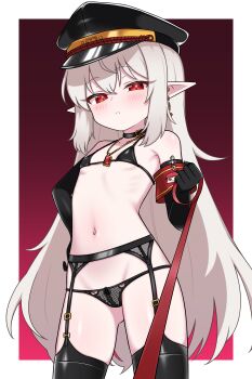 1girl absurdres black_gloves black_thighhighs commentary commission elbow_gloves english_commentary garter_belt gloves hat highres jewelry leash loli long_hair navel original peaked_cap pointy_ears red_eyes solo thighhighs variant_set zing_(z_z_zing)