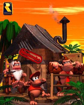 3d cranky_kong diddy_kong donkey_kong donkey_kong_(series) monkey nintendo plugging_ears promotional_art rareware sunset