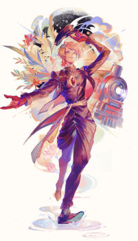 absurdres alternate_costume black_jacket chest_jewel colored_skin embroidery eyeshadow fate/apocrypha fate/grand_order fate_(series) flower gloves hat highres holding holding_unworn_clothes holding_unworn_hat jacket jewelry karna_(chaldea_express)_(fate) karna_(fate) locomotive looking_at_viewer makeup male_focus outstretched_hand pale_skin plant puddle red_eyeshadow red_gloves sailin shoes smile smoke steam_locomotive train train_conductor unworn_hat unworn_headwear waist_cape white_hair white_skin