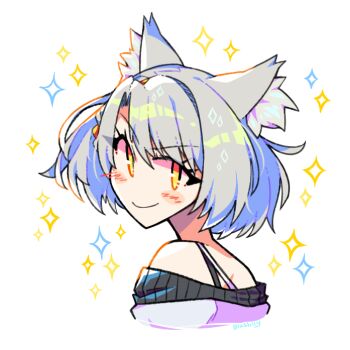 Rule 34 | animal ear fluff, animal ears, blush, blush stickers, blushily, bra strap, cat ears, grey hair, hair ornament, hairclip, looking back, messy hair, mio (xenoblade), off-shoulder sweater, off shoulder, portrait, smile, star (symbol), sweater, swept bangs, xenoblade chronicles (series), xenoblade chronicles 3, yellow eyes