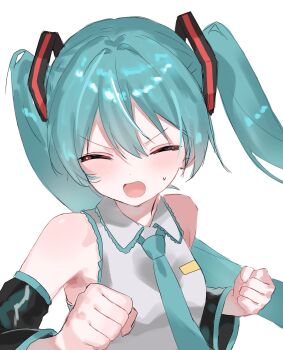 1girl ^_^ aqua_hair aqua_necktie aqua_trim armpits bare_shoulders black_sleeves blush breast_pocket breasts clenched_hands closed_eyes collared_shirt commentary_request detached_sleeves dot_nose facing_viewer frilled_shirt frills grey_shirt hair_between_eyes hair_ornament hands_up hatsune_miku highres incoming_attack incoming_punch long_hair long_sleeves mamekiti_k necktie open_mouth pocket punching shirt sidelocks simple_background sleeveless sleeveless_shirt small_breasts solo sweatdrop twintails upper_body vocaloid white_background wide_sleeves