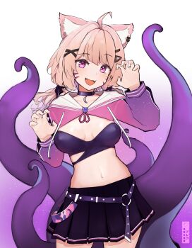 Rule 34 | 1girl, absurdres, ahoge, animal ear fluff, animal ears, arescr, black choker, blonde hair, breasts, cat ears, cat girl, cat tail, choker, claw pose, colored inner hair, facial mark, fangs, highres, indie virtual youtuber, long hair, looking at viewer, medium breasts, midriff, multicolored hair, open mouth, pleated skirt, purple hair, red eyes, shrug (clothing), shyrei faolan, skirt, solo, tail, tentacles, virtual youtuber, whisker markings, white background
