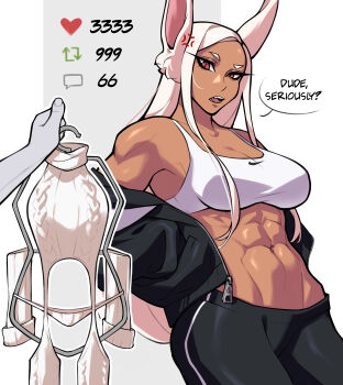 Rule 34 | 1girl, 1other, abs, absurdres, anger vein, animal ears, bare shoulders, black jacket, black pants, boku no hero academia, breasts, cleavage, clothes hanger, collarbone, commentary, dark-skinned female, dark skin, english commentary, english text, hands in pockets, highres, holding, holding clothes hanger, jacket, large breasts, like and retweet, long eyelashes, long hair, looking at viewer, mirko, moi yablochki, muscular, muscular female, navel, off shoulder, open mouth, pants, parted bangs, rabbit ears, rabbit girl, red eyes, solo focus, speech bubble, sports bra, stomach, twitter strip game, very long hair, virgin destroyer sweater, white hair, white sports bra