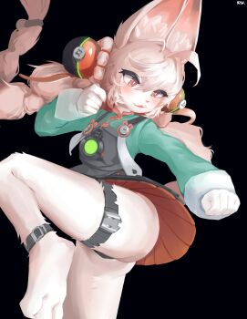 1girl 2025 absurdres ahoge animal_ear_fluff animal_ears ass blush braid breasts chinese_commentary commentary_request devilbeing666 furry furry_female highres leg_up long_hair pink_eyes pink_hair rabbit_ears rabbit_girl small_breasts solo teeth twin_braids upper_teeth_only zenless_zone_zero zhao_(zenless_zone_zero)