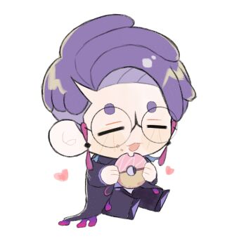 1boy black_pants black_shoes chibi chibi_only closed_eyes coat commentary_request cookie corbeau_(pokemon) food food_on_face glasses heart highres holding holding_cookie holding_food lapels layered_sleeves long_sleeves male_focus nintendo open_mouth pants parted_hair pokemon pokemon_legends:_z-a purple_hair rororo282 round_eyewear shoes short_hair sitting solo