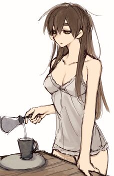 1girl absurdres aqinaaam bare_shoulders breast_focus breasts brown_hair coffee coffee_mug coffee_pot cup hair_between_eyes highres holding holding_cup long_hair looking_down medium_breasts mug nightgown original photo-referenced revealing_clothes shirt solo standing table white_background yellow_eyes
