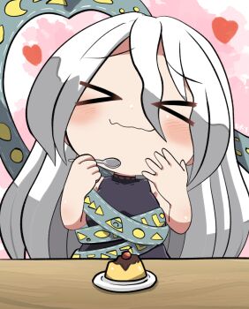 Rule 34 | > <, 1girl, :3, bare shoulders, black dress, blush, cherry, chibi, closed eyes, commentary request, dress, eating, food, foodgasm, fruit, happy, heart, highres, holding, holding spoon, long hair, plate, pudding, raised inner eyebrows, ribbon around body, rokugou daisuke, sleeveless, sleeveless dress, spoon, table, touhou, wavy mouth, white hair, wooden table, yuiman asama