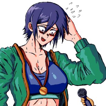 1boy 1girl abs arm_behind_head black_hair blush breasts collarbone embarrassed gutsbro14 hitomi-chan_wa_hitomishiri interview jacket large_breasts looking_down medal microphone muscular muscular_female nervous open_mouth sharp_teeth simple_background sports_bra sportswear sweat takano_hitomi teeth tomboy tongue upper_body white_background