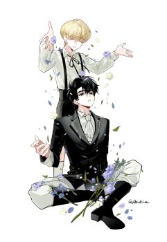 Rule 34 | 2boys, alternate hair color, asaki an, black hair, black vest, blonde hair, boots, collared shirt, frills, full body, grin, hands up, hashtag-only commentary, head tilt, highres, kim dokja, looking at another, male focus, multiple boys, omniscient reader's viewpoint, shirt, short hair, sitting, smile, standing, suspenders, throwing, throwing petals, vest, white shirt, yoo joonghyuk