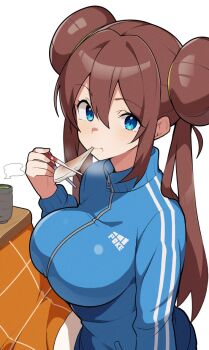 1girl :t alternate_costume blue_eyes blue_jacket breasts brown_hair chopsticks cup donut_hair_bun double_bun eating green_tea hair_bun holding holding_chopsticks jacket kotatsu large_breasts looking_at_viewer mituyota_76 nintendo pokemon pokemon_bw2 rosa_(pokemon) simple_background solo table tea track_jacket twintails white_background
