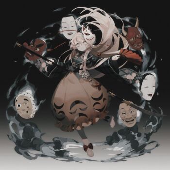 Rule 34 | 1girl, boots, bubble skirt, expressionless, floating hair, folding fan, fox mask, full body, green shirt, hand fan, hannya, hata no kokoro, highres, holding, holding fan, holding polearm, holding weapon, hyottoko mask, long hair, long sleeves, looking at viewer, mask, mask on head, naginata, noh mask, orange skirt, pink boots, pink eyes, pink hair, polearm, rcs 4, shirt, skirt, solo, tassel, tengu mask, touhou, very long hair, weapon, wide sleeves