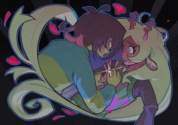 1girl 1other animal_ears antlers black_shirt blonde_hair blue_eyes brown_hair checkered_sweater_vest colored_skin commentary deer_antlers deer_ears deer_girl deltarune english_commentary furry furry_female green_sweater green_sweater_vest highres horns jewelry kris_(deltarune) long_hair long_sleeves medium_hair msjelito noelle_holiday red_eyes red_petals ring shirt single_horizontal_stripe striped_clothes striped_sweater sweater sweater_vest tears thorn_ring_(deltarune) utdr_(toby_fox) very_long_hair weird_route_(deltarune) yellow_skin