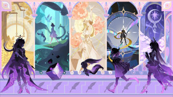 absurdres age_difference aglaea_(honkai:_star_rail) bad_link black_cloak blonde_hair ceremonial_blade_(honkai:_star_rail) cloak coat cyrene_(aedes_elysiae)_(honkai:_star_rail) cyrene_(honkai:_star_rail) cyrene_(ripples_of_past_reverie)_(honkai:_star_rail) dress from_side hair_ornament highres holding holding_sword holding_weapon honkai:_star_rail honkai_(series) mem_(honkai:_star_rail) official_art pink_hair purple_coat standing swing sword trailblazer_(honkai:_star_rail) trianne_(honkai:_star_rail) tribbie_(honkai:_star_rail) trinnon_(honkai:_star_rail) weapon white_dress