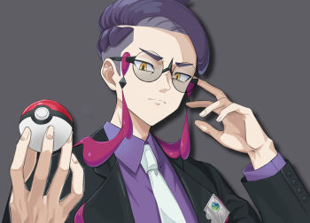 1boy black_hair black_jacket closed_mouth collared_shirt commentary corbeau_(pokemon) fingernails frown glasses grey_background hands_up highres holding holding_poke_ball jacket long_sleeves male_focus necktie nintendo nukadoko_dive open_clothes open_jacket poke_ball poke_ball_(basic) pokemon pokemon_legends:_z-a purple_shirt round_eyewear shirt short_hair simple_background solo upper_body white_necktie yellow_eyes