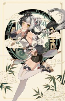 1girl absurdres aqua_nails bamboo bare_shoulders black_hair black_shoes black_shorts braid braided_twintails breasts china_dress chinese_clothes cloud commentary detached_sleeves dialyn_(zenless_zone_zero) dress elias2art english_commentary floating_hair foot_out_of_frame from_side hair_extensions hair_ornament hairclip hand_up highres leg_up licking_lips long_hair looking_at_viewer medium_breasts multicolored_hair multicolored_nails necktie panda_hair_ornament pelvic_curtain red_nails ring_hair_extensions shoes shorts solo sparkling_eyes split-color_hair standing standing_on_one_leg thighhighs tongue tongue_out white_dress white_hair white_thighhighs yellow_eyes yellow_necktie zenless_zone_zero