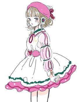 Rule 34 | 1girl, beret, black eyes, blush, bow, brown hair, character request, clothing cutout, collared dress, commentary, commentary request, copyright request, cowboy shot, dress, emamemamo33, from side, hat, hat bow, heart, heart belt, highres, jewelry, long sleeves, looking at viewer, pink dress, pink hat, red bow, ring, short hair, simple background, solo, standing, traditional media, white background, white dress