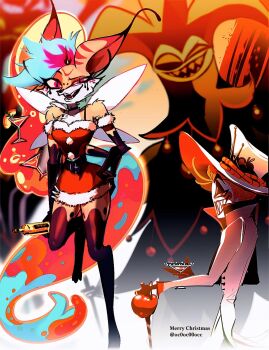 1girl 2boys asymmetrical_hair beelzebub_(helluva_boss) blonde_hair colored_sclera dress extra_arms formal_clothes fox_girl from_side furry furry_female green_sclera hazbin_hotel hellaverse highres jester looking_at_viewer lucifer_morningstar_(hazbin_hotel) mammon_(helluva_boss) multiple_boys non-web_source oc0oc00occ suit