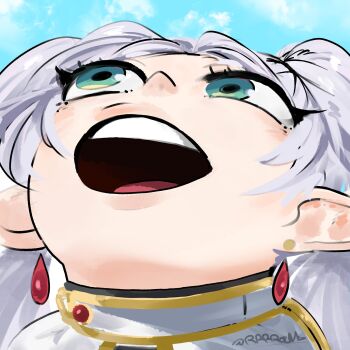 1girl :d absurdres barry_gargling_honey_(meme) bee_movie blue_sky capelet chibi cloud commentary destorys earrings elf english_commentary eyelashes frieren green_eyes grey_hair head_back highres jewelry long_pointy_ears looking_up meme open_mouth parted_bangs pointy_ears sky smile solo sousou_no_frieren teardrop_earrings teeth twintails twitter_username upward_angle_frieren_drawing white_capelet