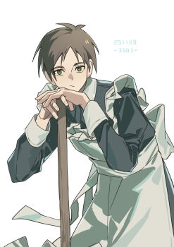 1boy absurdres apron black_dress broom brown_hair closed_mouth commentary cowboy_shot crossdressing crossdressing_(mtf) dated dress english_commentary eren_yeager green_eyes head_on_hands highres holding holding_broom juliet_sleeves leaning_forward light_frown long_sleeves maid maid_apron male_focus puffy_sleeves shingeki_no_kyojin short_hair solo white_apron white_background zest_(kumolyy)