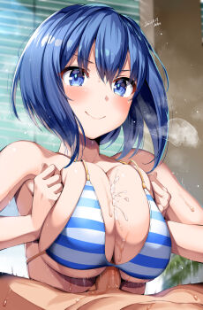 >:) 1boy 1girl 2022 absurdres artist_name belko bikini blue_eyes blue_hair breasts breasts_squeezed_together censored cum cum_on_body cum_on_breasts cum_on_upper_body dated dolphin_wave ejaculation_between_breasts hetero highres huge_breasts mosaic_censoring paizuri penis puff_of_air short_hair signature smile solo_focus steam striped_bikini striped_clothes sweat swimsuit tojou_michiru upper_body