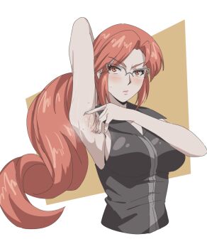 1girl arm_behind_head armpits blush breasts closed_mouth collared_shirt commentary cropped_torso eyelashes glasses hand_up highres knew_nothing long_hair lorelei_(pokemon) nintendo pokemon pokemon_frlg ponytail presenting_armpit red_hair shirt sleeveless sleeveless_shirt solo spread_armpit upper_body