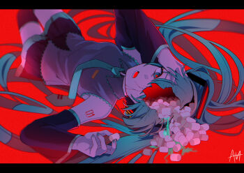 1girl absurdly_long_hair ambiguous_green_liquid black_skirt black_sleeves black_thighhighs commentary cracked_skin detached_sleeves feet_out_of_frame food green_eyes green_hair green_necktie grey_shirt hand_on_own_head hand_up hatsune_miku highres hollow_body letterboxed long_hair lying marshmallow marshmallow_(vocaloid) necktie number_tattoo on_back open_mouth red_background red_pupils sato_(r017xts117) shirt shoulder_tattoo signature simple_background skirt solo tattoo thighhighs very_long_hair vocaloid