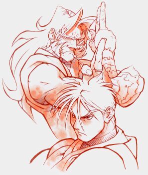 Rule 34 | 2boys, bare shoulders, bengus, dougi, game cg, guy (final fight), hand wraps, highres, kuji-in, long hair, looking at viewer, male focus, multiple boys, ninja, non-web source, official art, scowl, sepia, sideburns, street fighter, street fighter zero (series), thick eyebrows, zeku