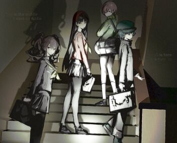 4girls amagi_yukiko bag black_bag black_hair black_hat black_jacket black_pants black_sailor_collar black_serafuku black_shirt black_shoes black_skirt black_thighhighs bob_cut brown_eyes brown_hair commentary_request duffel_bag english_text green_jacket hairband hat highres holding holding_bag indoors jacket k1kiwa kujikawa_rise long_hair looking_at_viewer multiple_girls neckerchief newsboy_cap on_stairs pants persona persona_4 red_hairband red_shirt reverse_trap sailor_collar satonaka_chie school_bag school_uniform serafuku shadow shirogane_naoto shirt shoes short_hair skirt socks stairs straight_hair thighhighs track_jacket twintails white_socks yasogami_school_uniform yellow_neckerchief